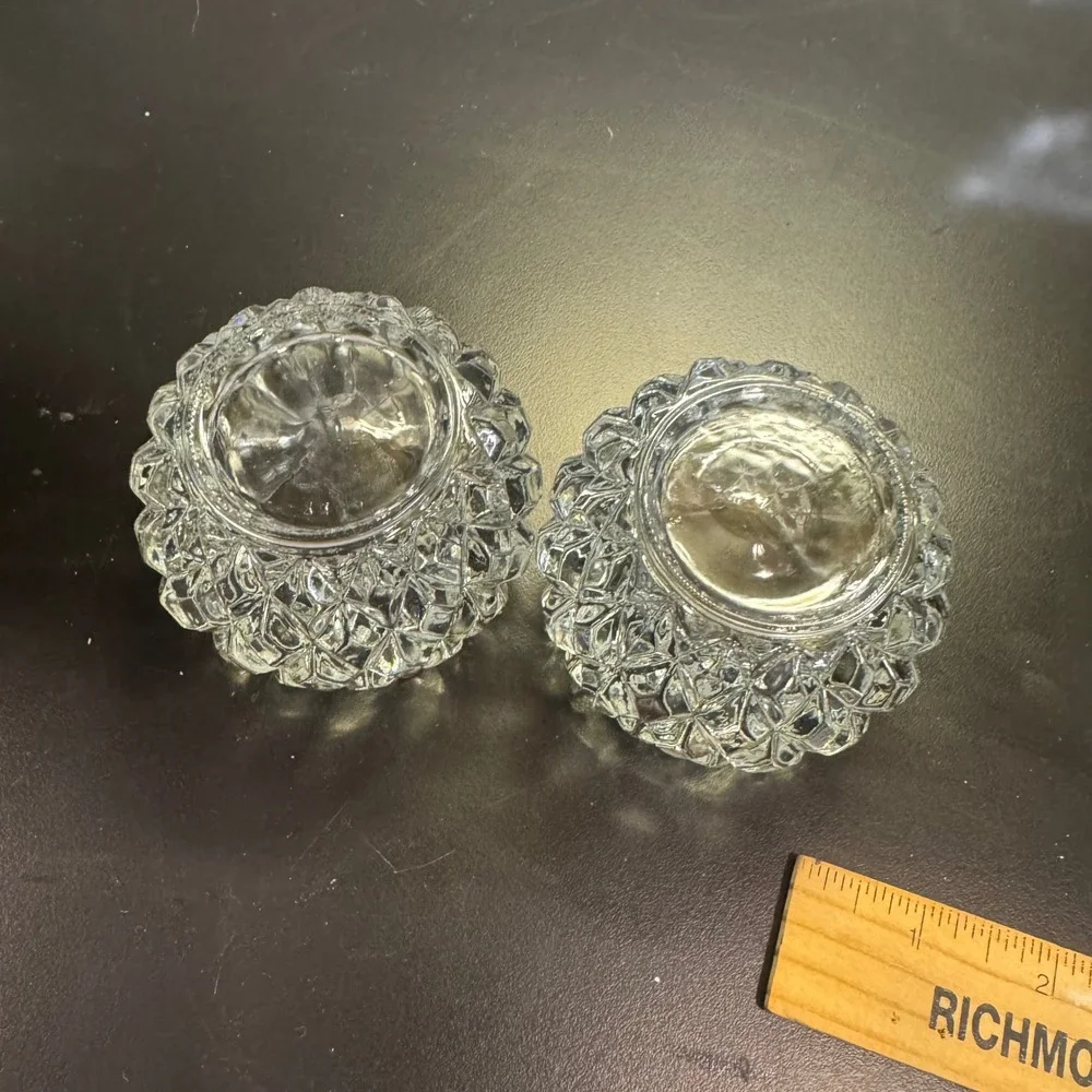 Diamond Point Cut Glass Votive Candle Holders Set of 2 Clear Vintage Style 3in